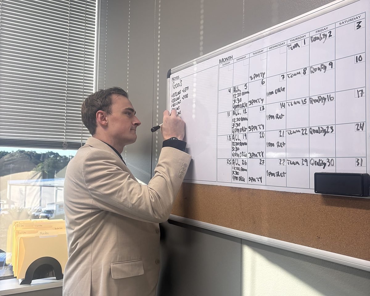 Daniel Foltz, CEO, planning the month on the office whiteboard